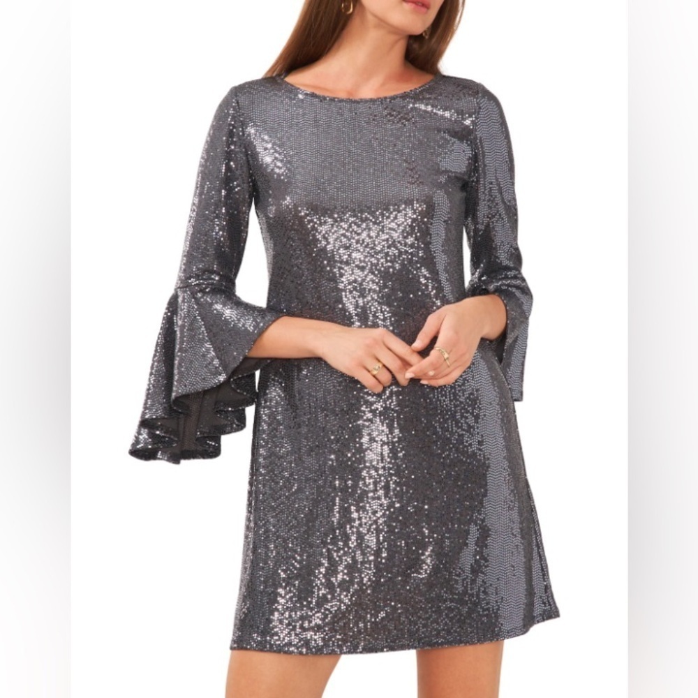NWT Vince Camuto Women's Flounce Sleeve Shift Dress in Silver Metallic